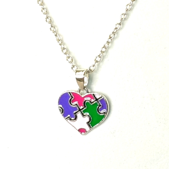 New Autism Awareness Necklace Heart Puzzle Piece Charm Silver Chain Pink - Picture 5 of 9
